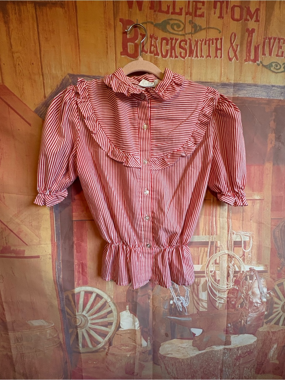 Vintage NIKI Red & White Striped Ruffle Blouse Peplum Crop - S - Picture 4 of 4